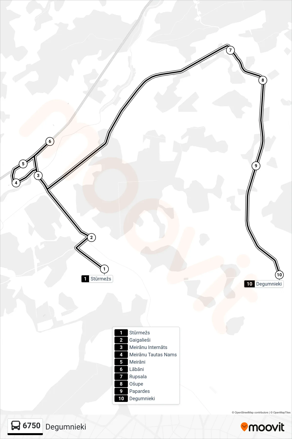6750 bus Line (Degumnieki) route and stops on a map