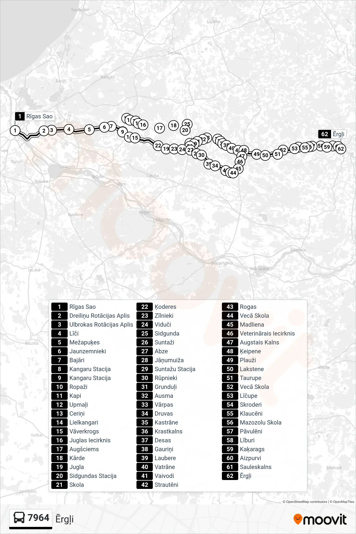 7964 bus Line (Ērgļi) route and stops on a map