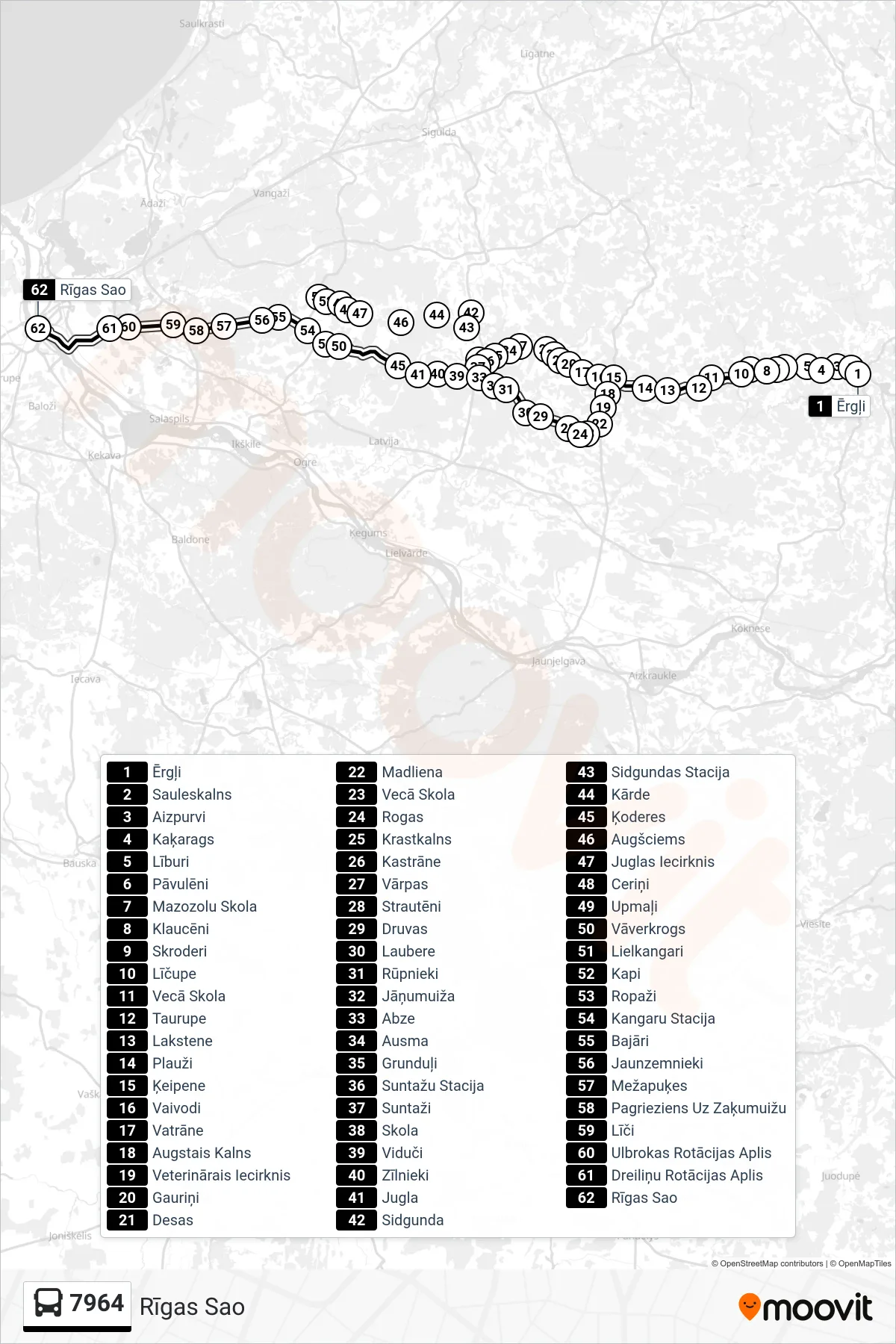 7964 bus Line (Rīgas Sao) route and stops on a map