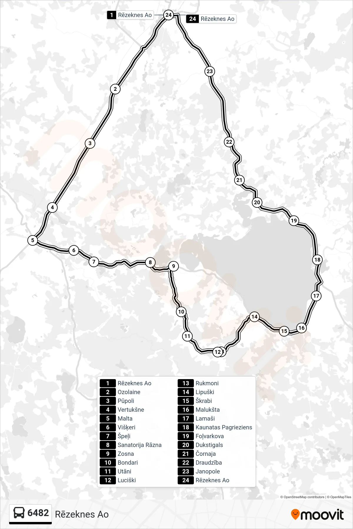 6482 bus Line (Rēzeknes Ao) route and stops on a map