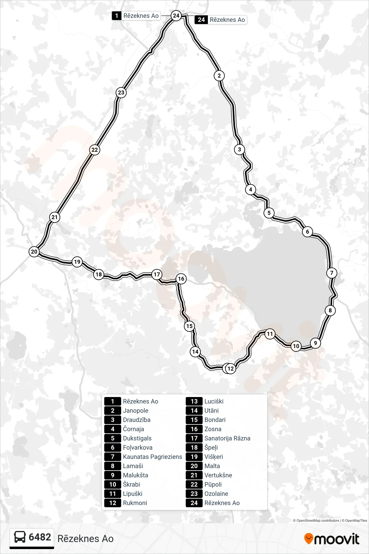 6482 bus Line (Rēzeknes Ao) route and stops on a map