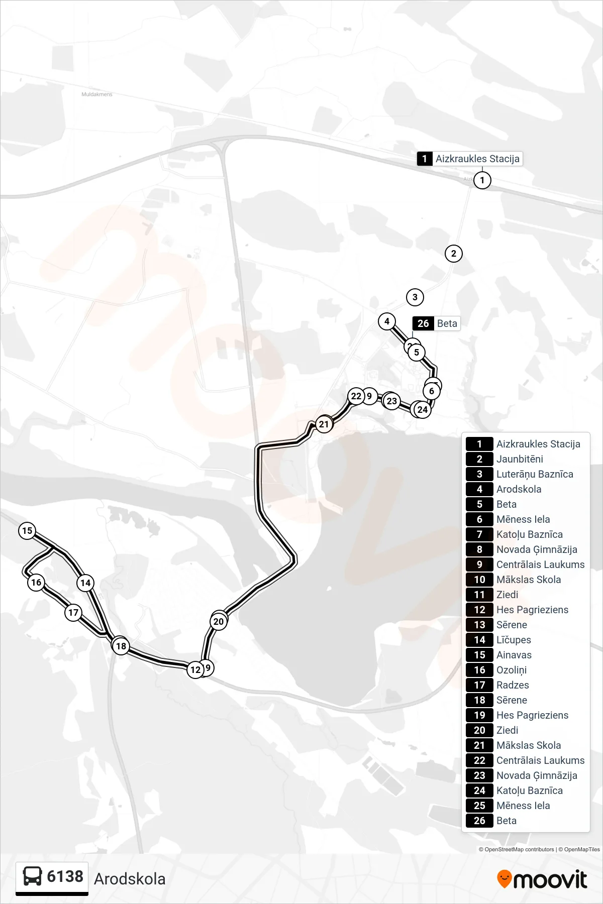 6138 bus Line (Arodskola) route and stops on a map
