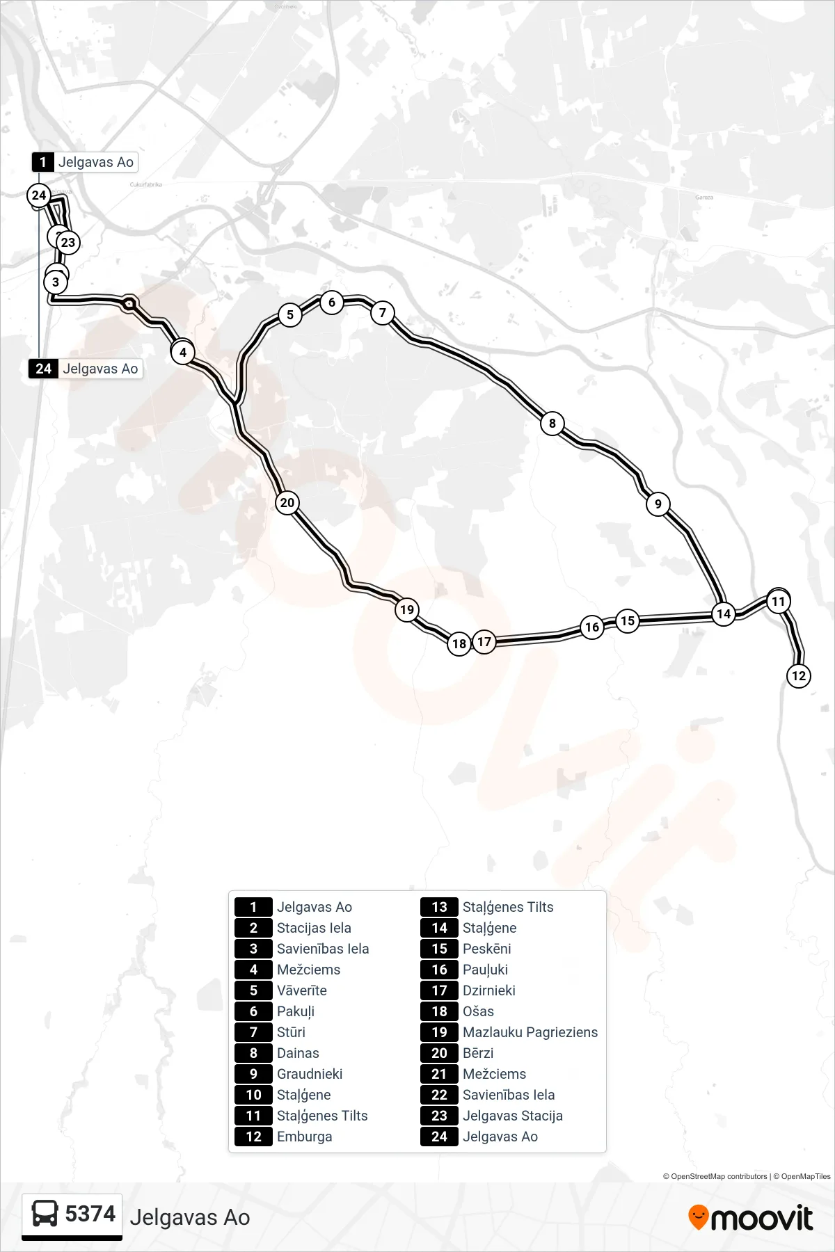 5374 bus Line (Jelgavas Ao) route and stops on a map