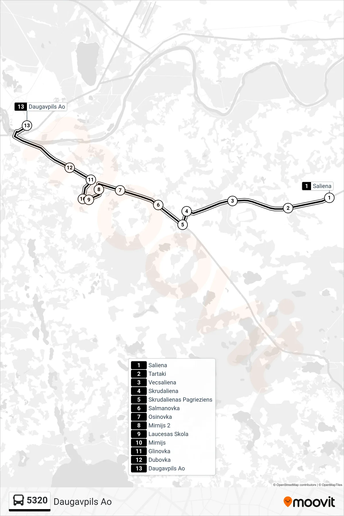 5320 bus Line (Daugavpils Ao) route and stops on a map