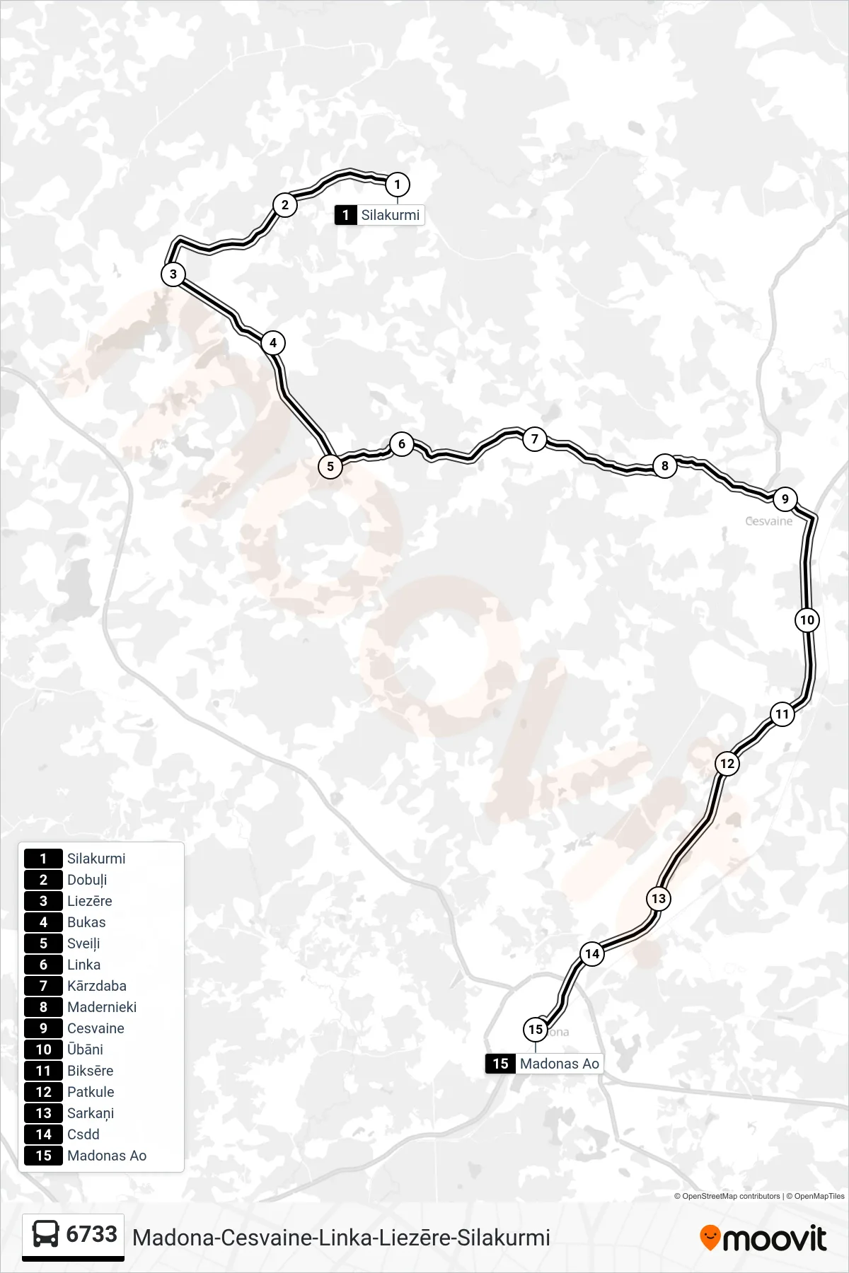 6733 bus Line (Madonas Ao) route and stops on a map