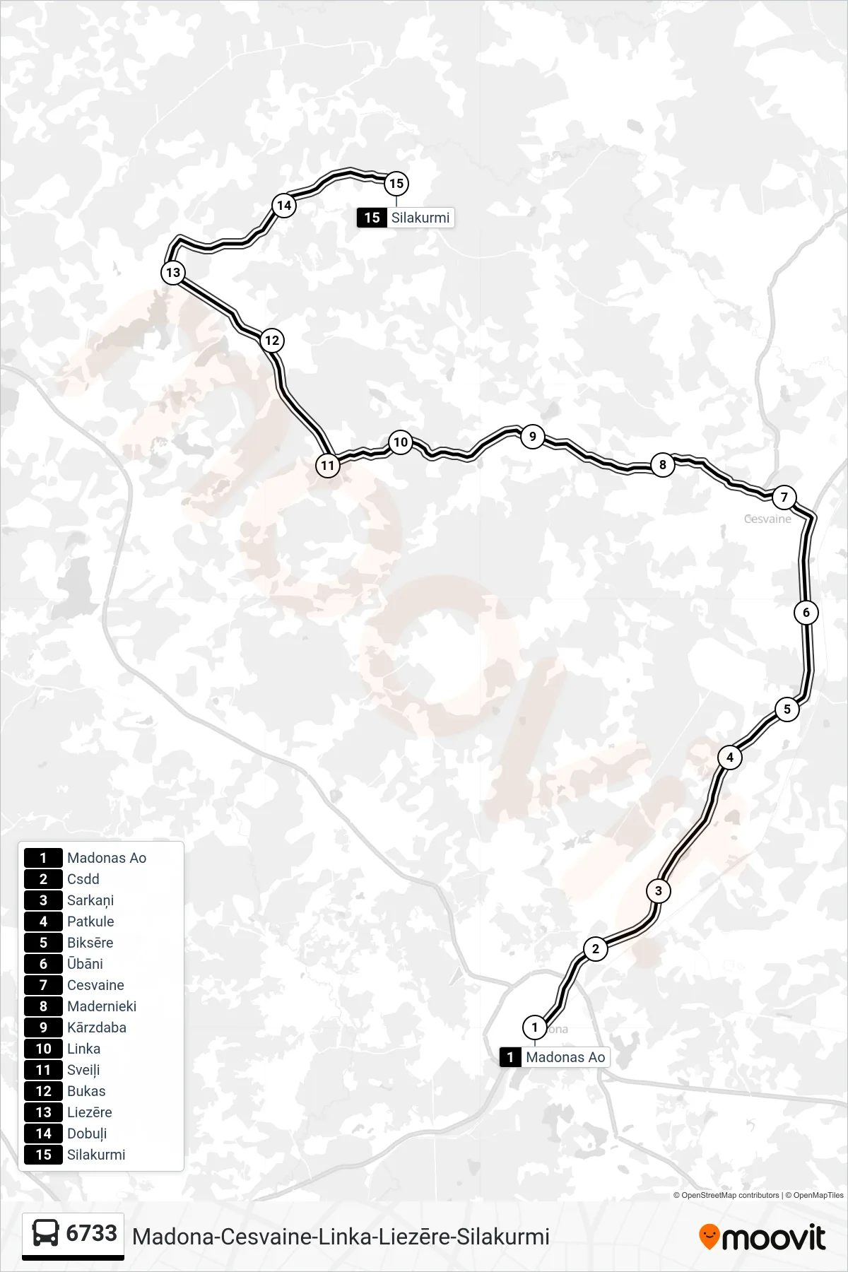 6733 bus Line (Silakurmi) route and stops on a map