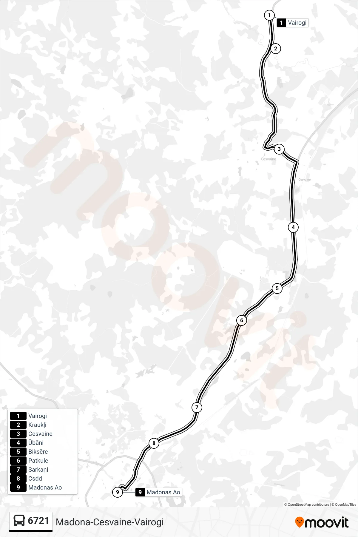 6721 bus Line (Madonas Ao) route and stops on a map