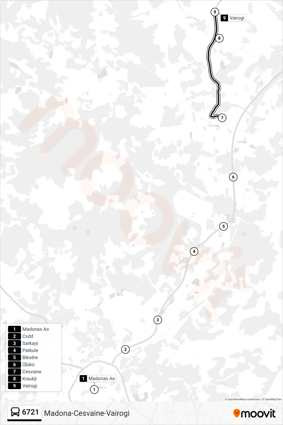 6721 bus Line (Vairogi) route and stops on a map