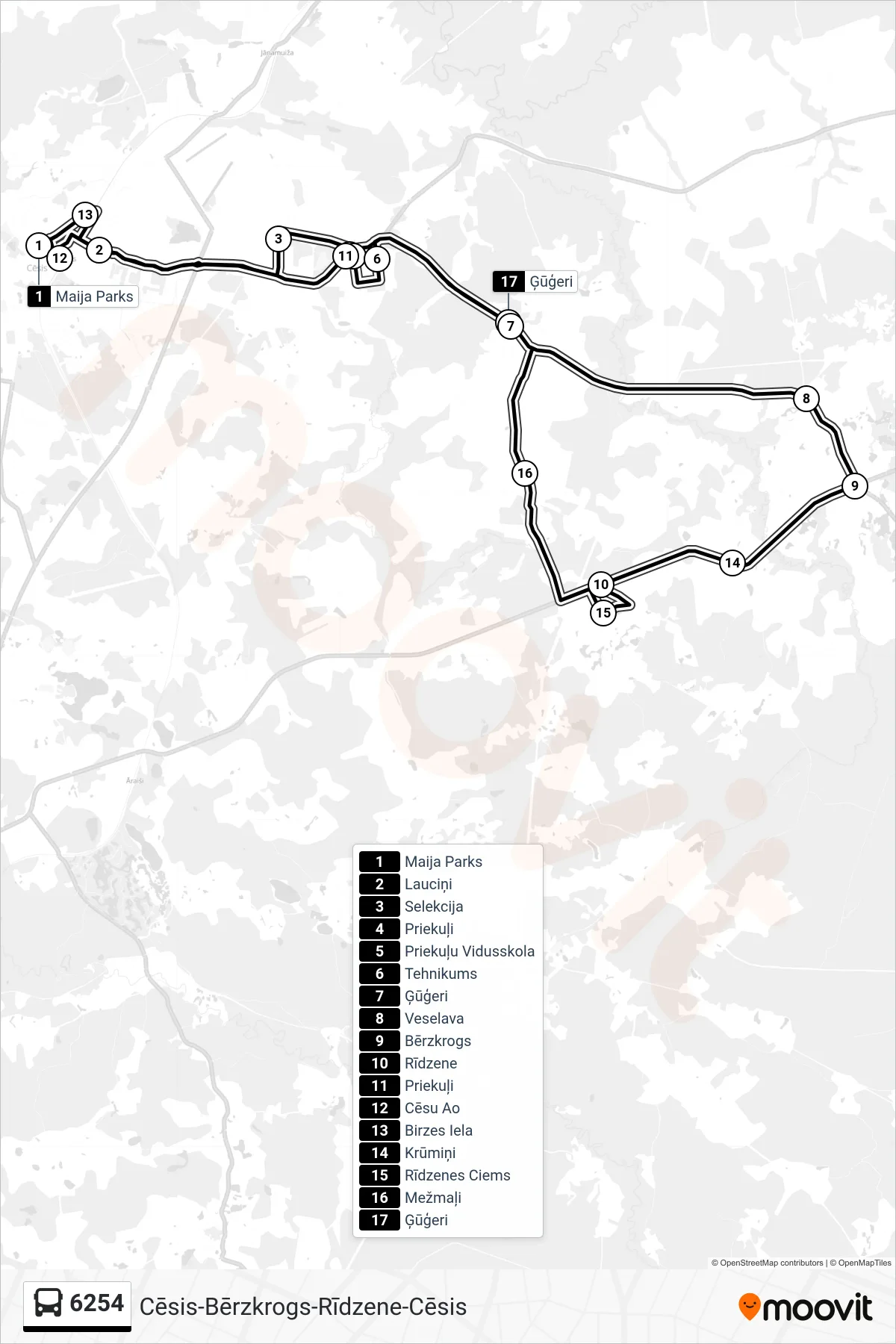 6254 bus Line (Cēsu Ao) route and stops on a map