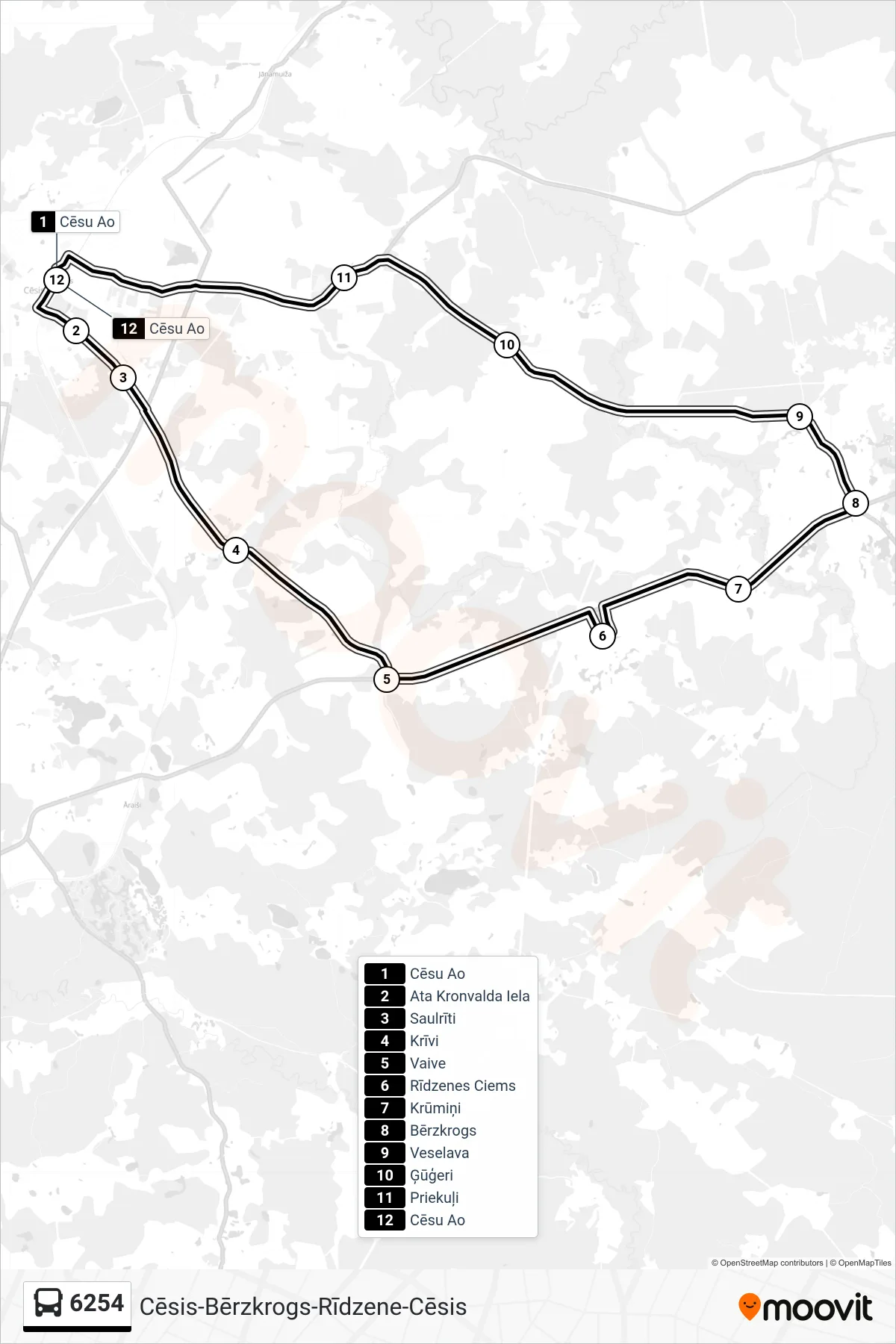 6254 bus Line (Cēsu Ao) route and stops on a map