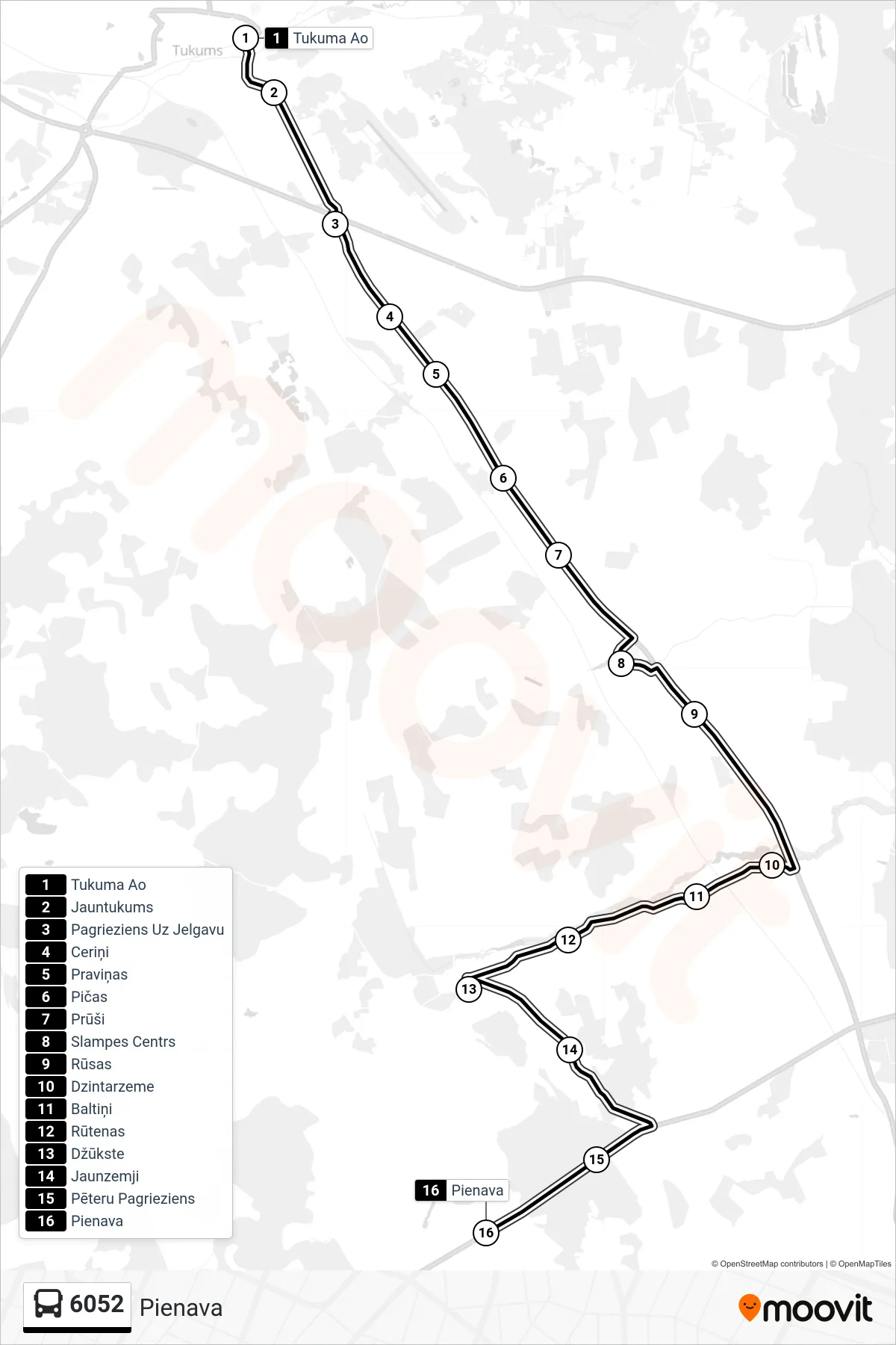 6052 bus Line (Pienava) route and stops on a map