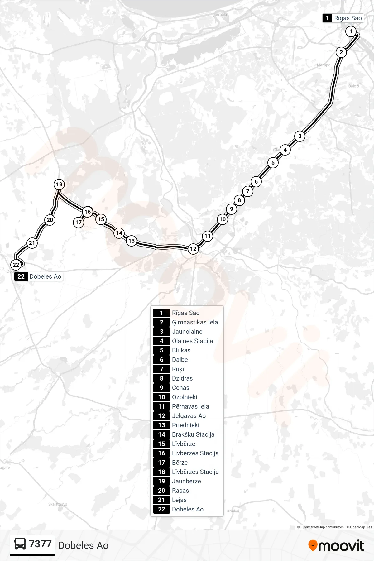 7377 bus Line (Dobeles Ao) route and stops on a map