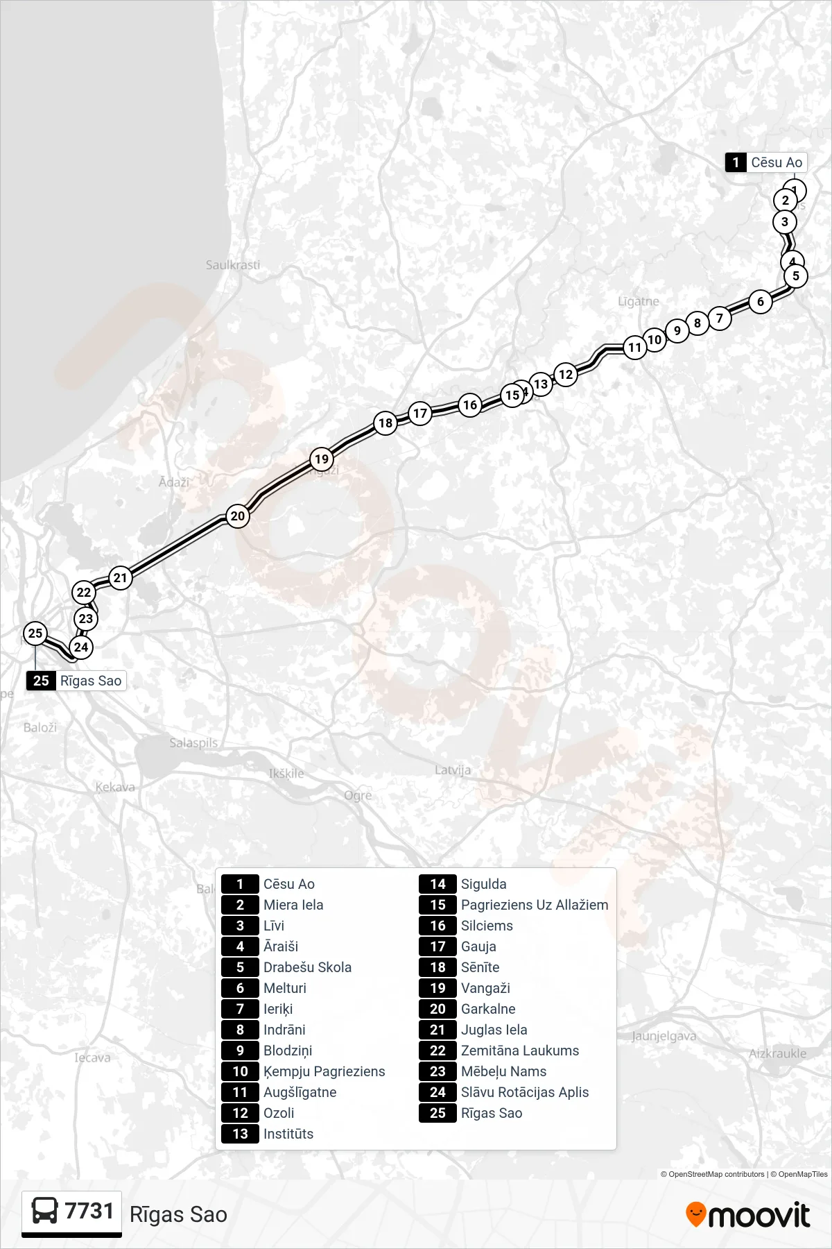 7731 bus Line (Rīgas Sao) route and stops on a map