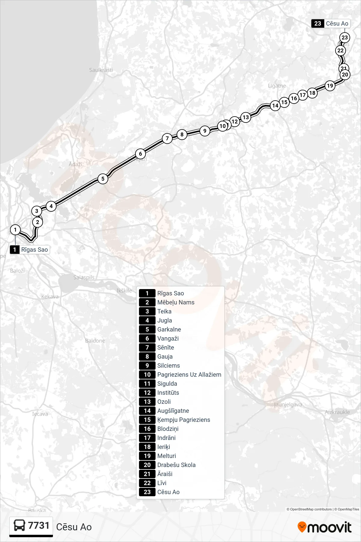 7731 bus Line (Cēsu Ao) route and stops on a map