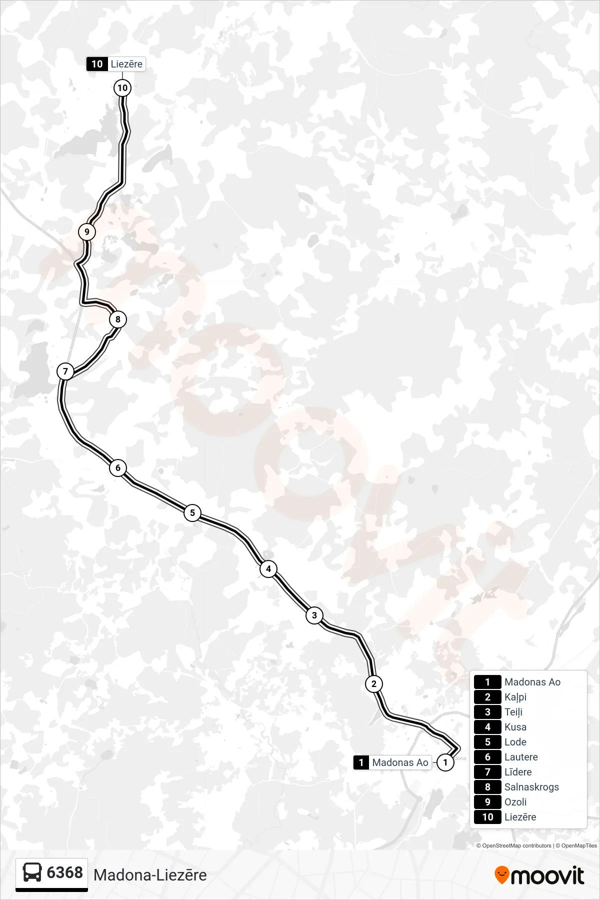 6368 bus Line (Liezēre) route and stops on a map