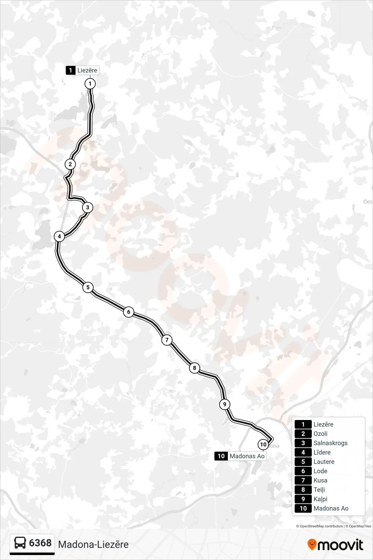 6368 bus Line (Madonas Ao) route and stops on a map