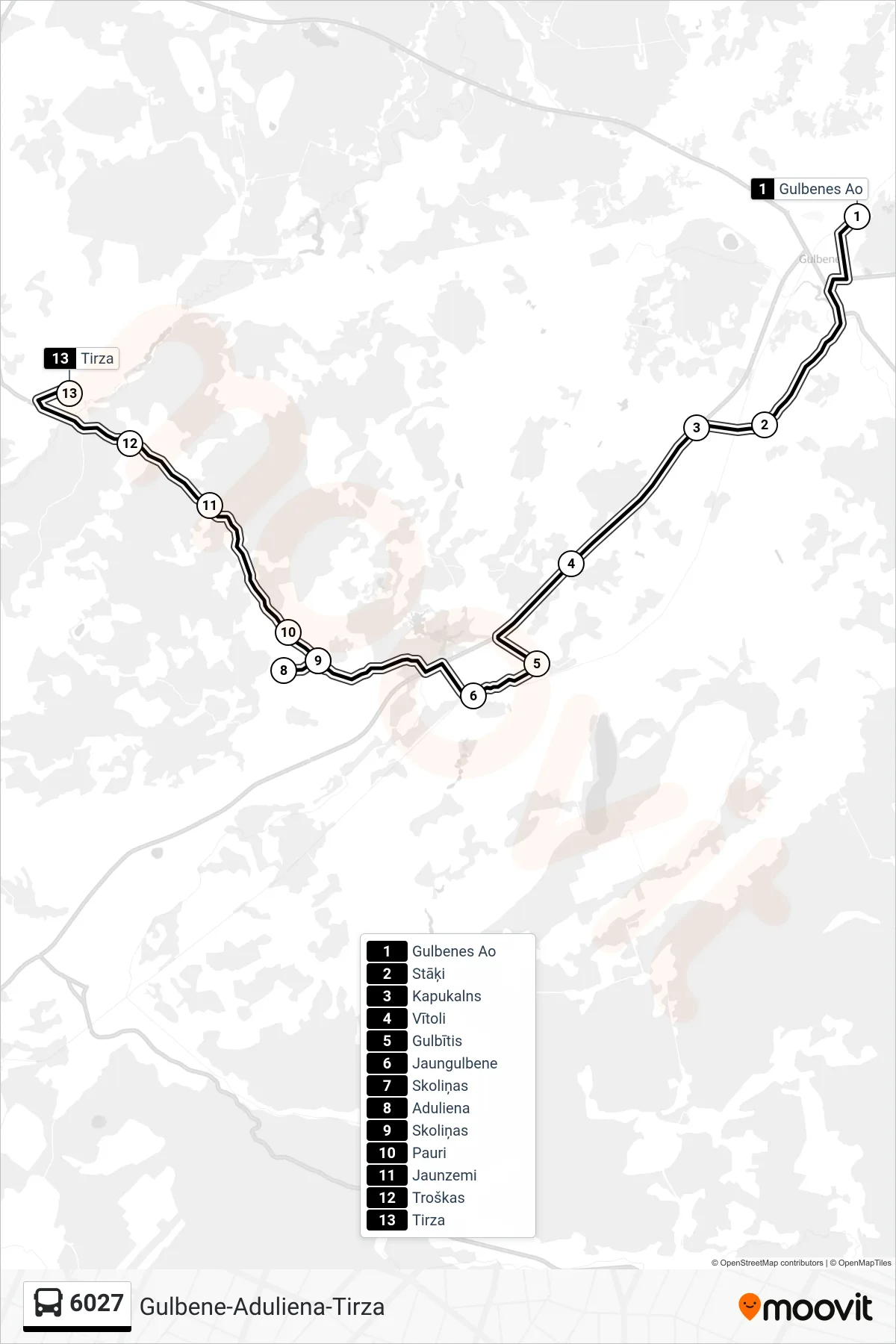 6027 bus Line (Tirza) route and stops on a map