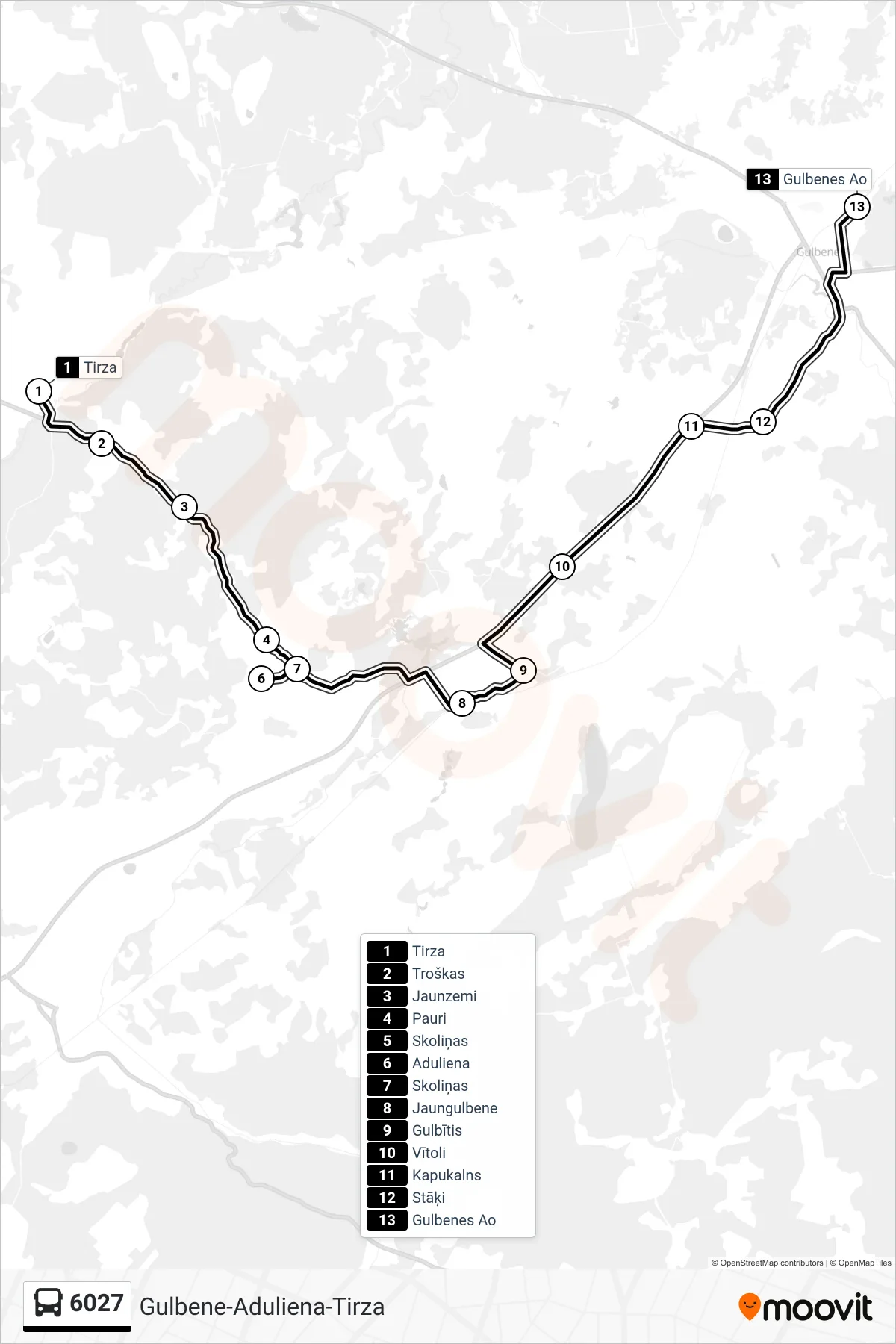 6027 bus Line (Gulbenes Ao) route and stops on a map