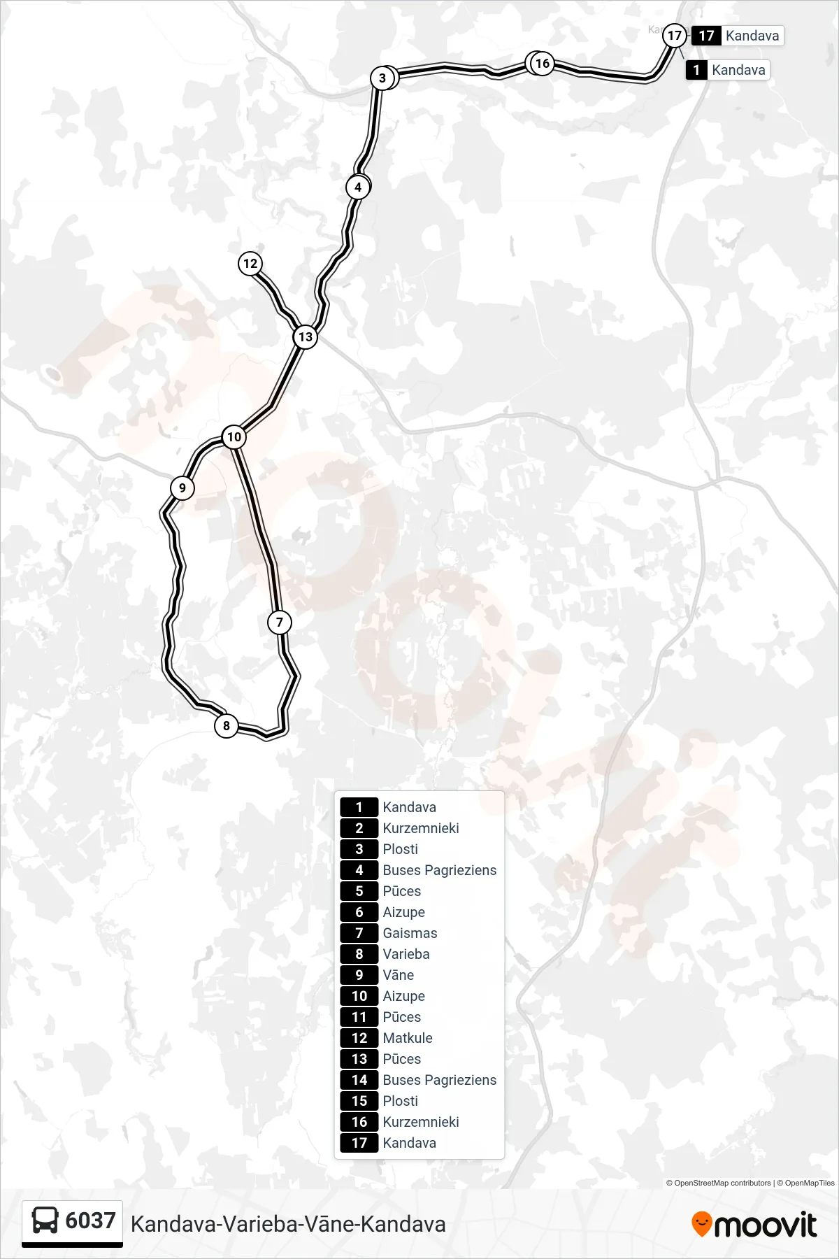 6037 bus Line (Kandava) route and stops on a map