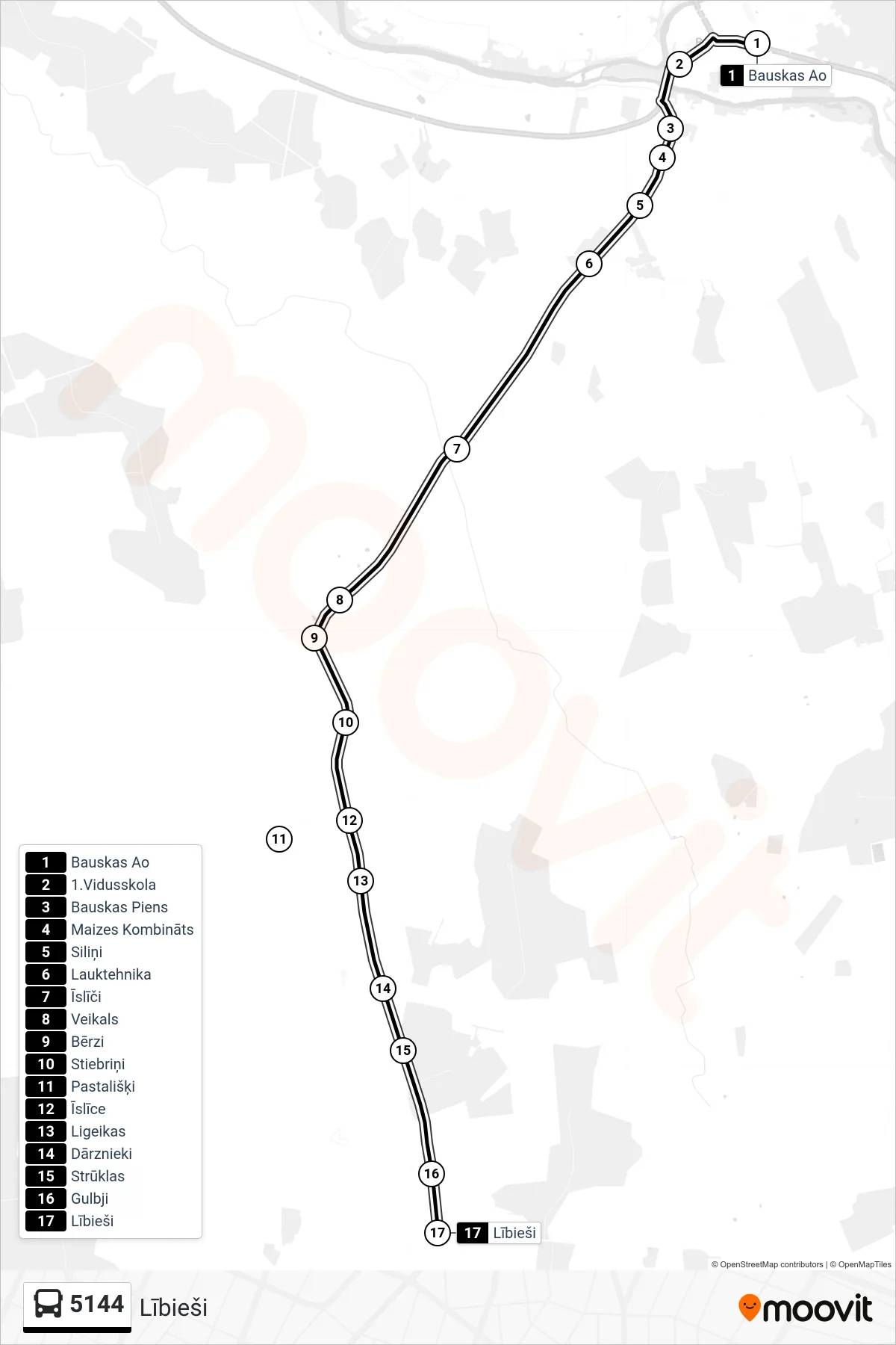 5144 bus Line (Lībieši) route and stops on a map