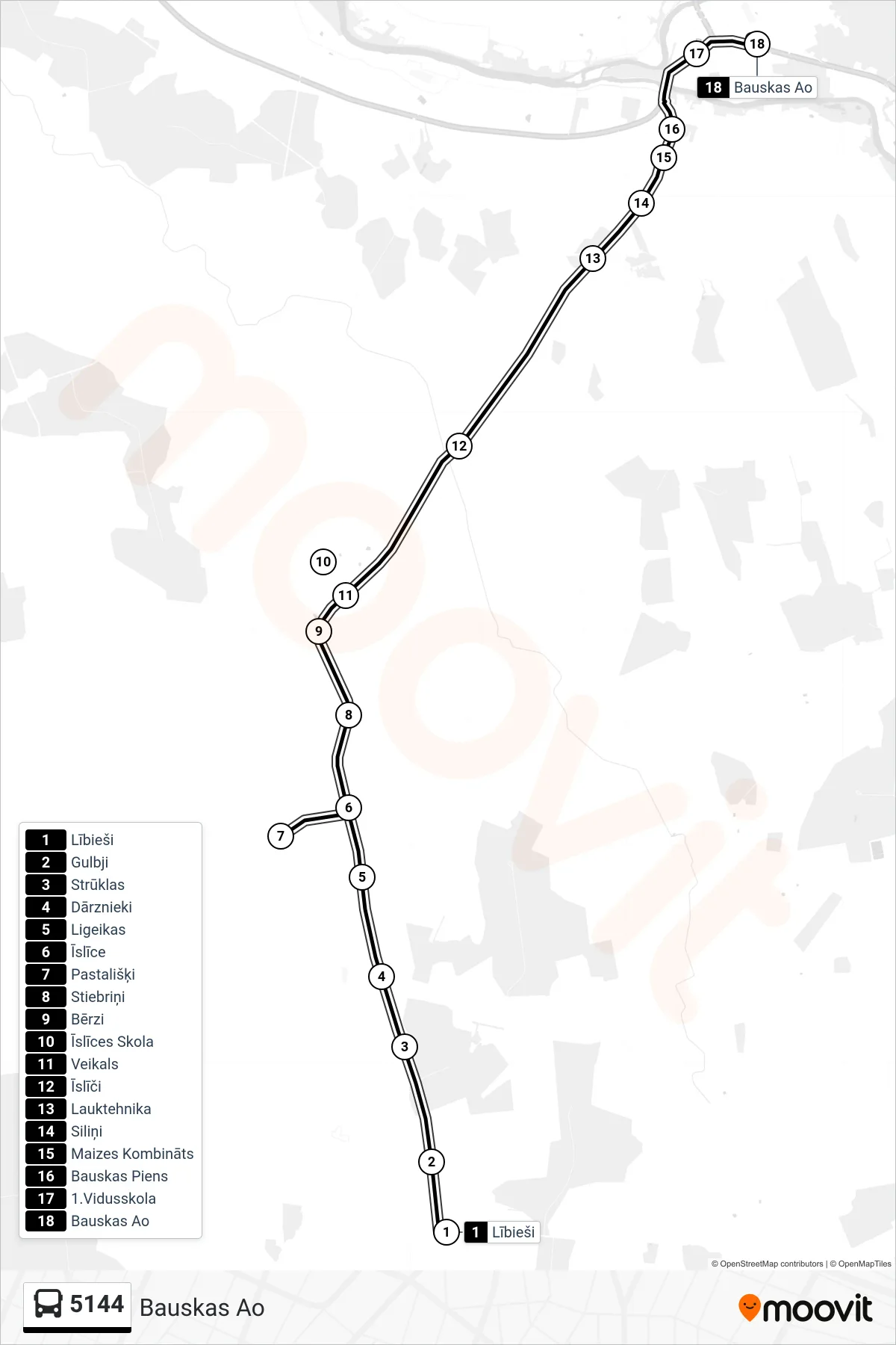 5144 bus Line (Bauskas Ao) route and stops on a map
