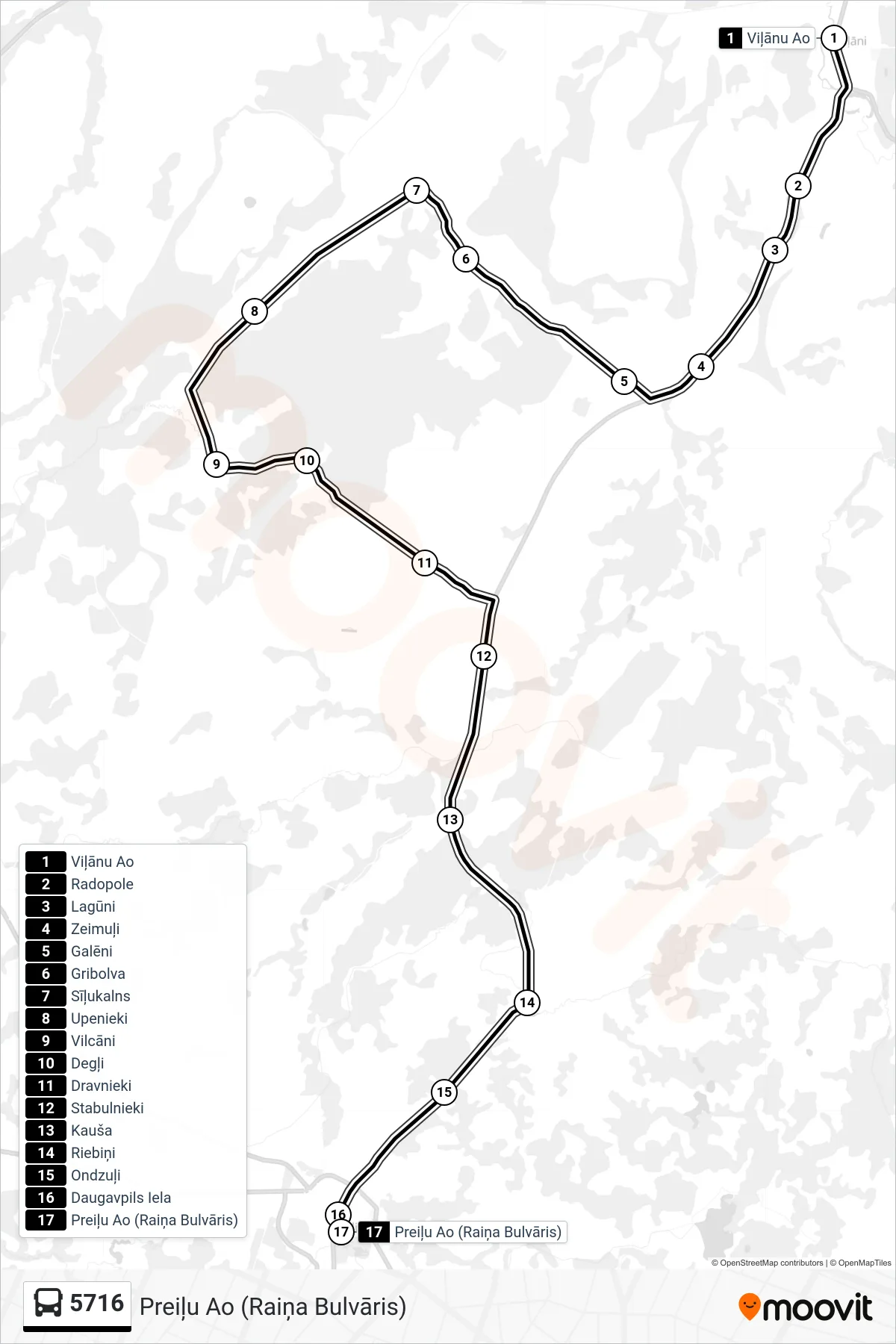 5716 bus Line (Preiļu Ao (Raiņa Bulvāris)) route and stops on a map