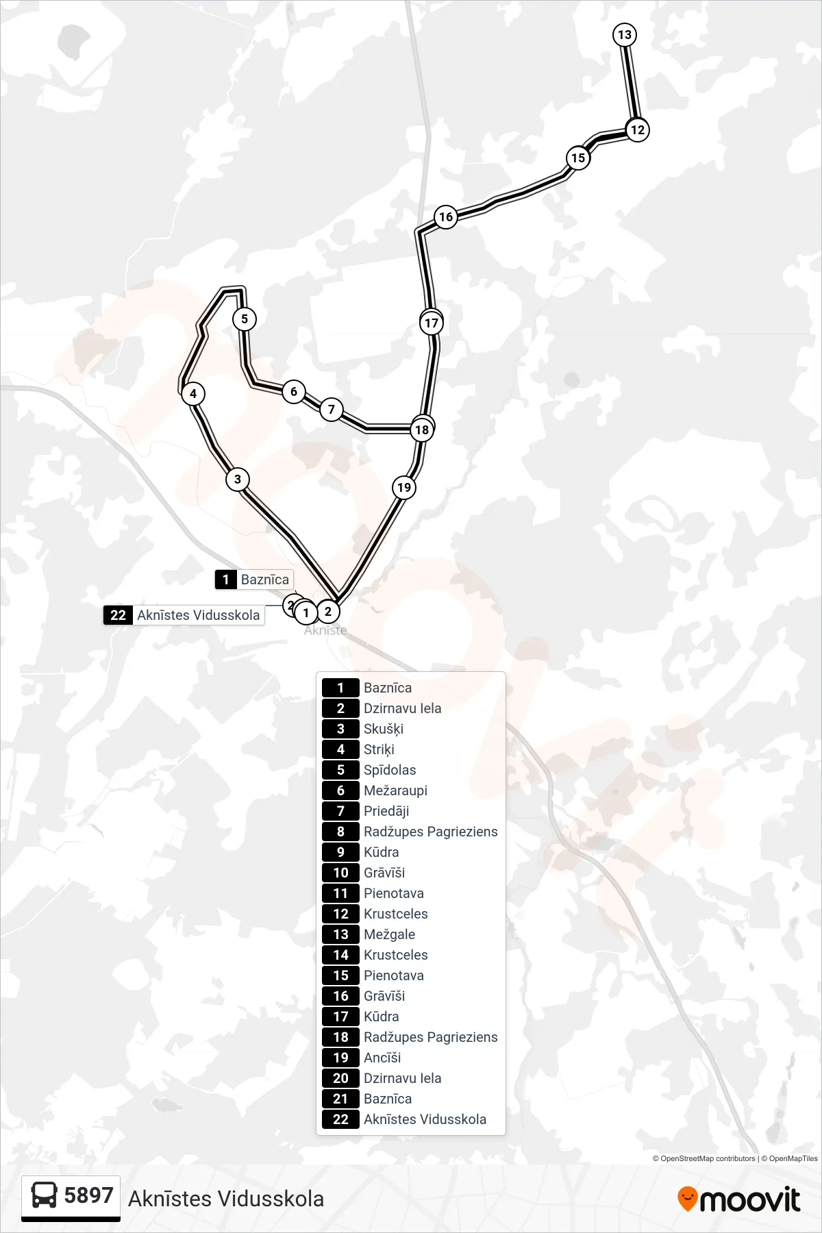 5897 bus Line (Aknīstes Vidusskola) route and stops on a map