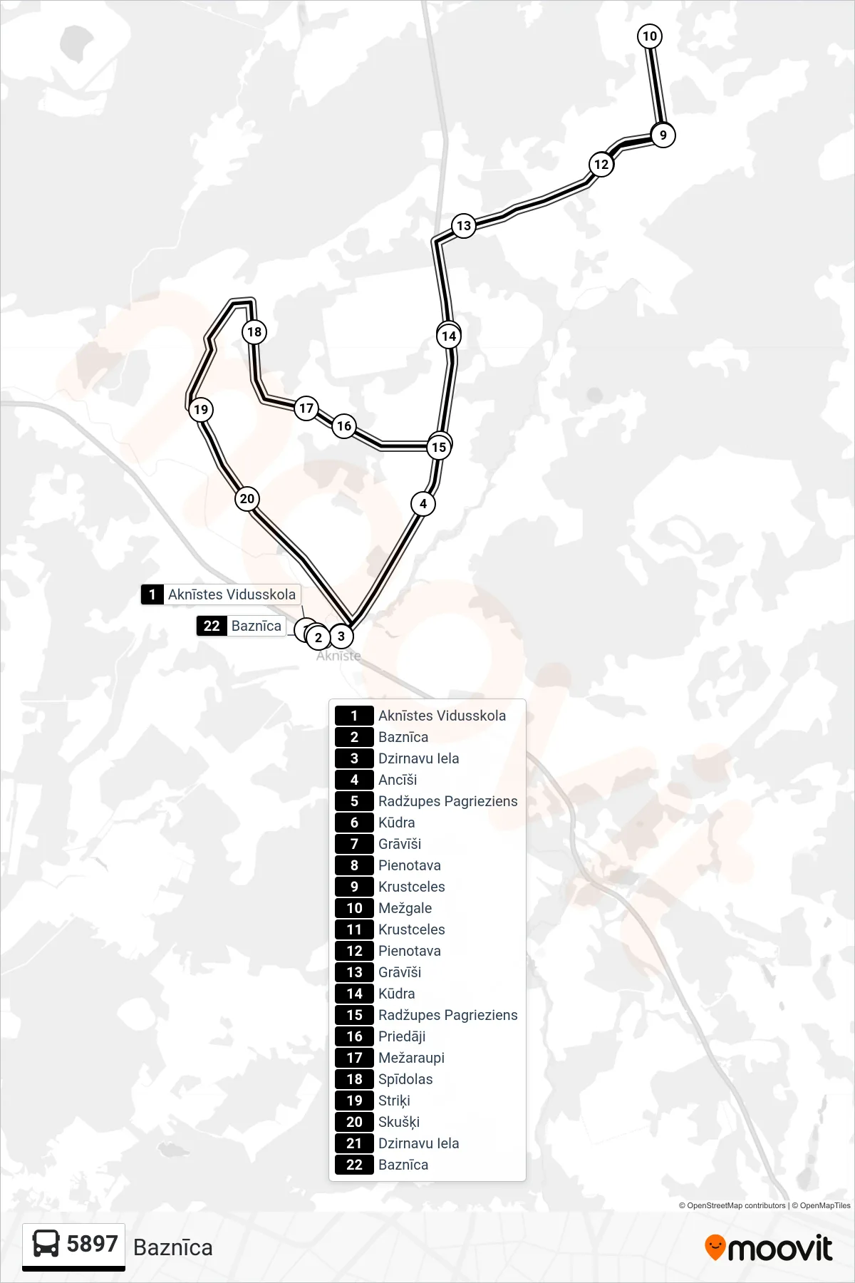 5897 bus Line (Baznīca) route and stops on a map