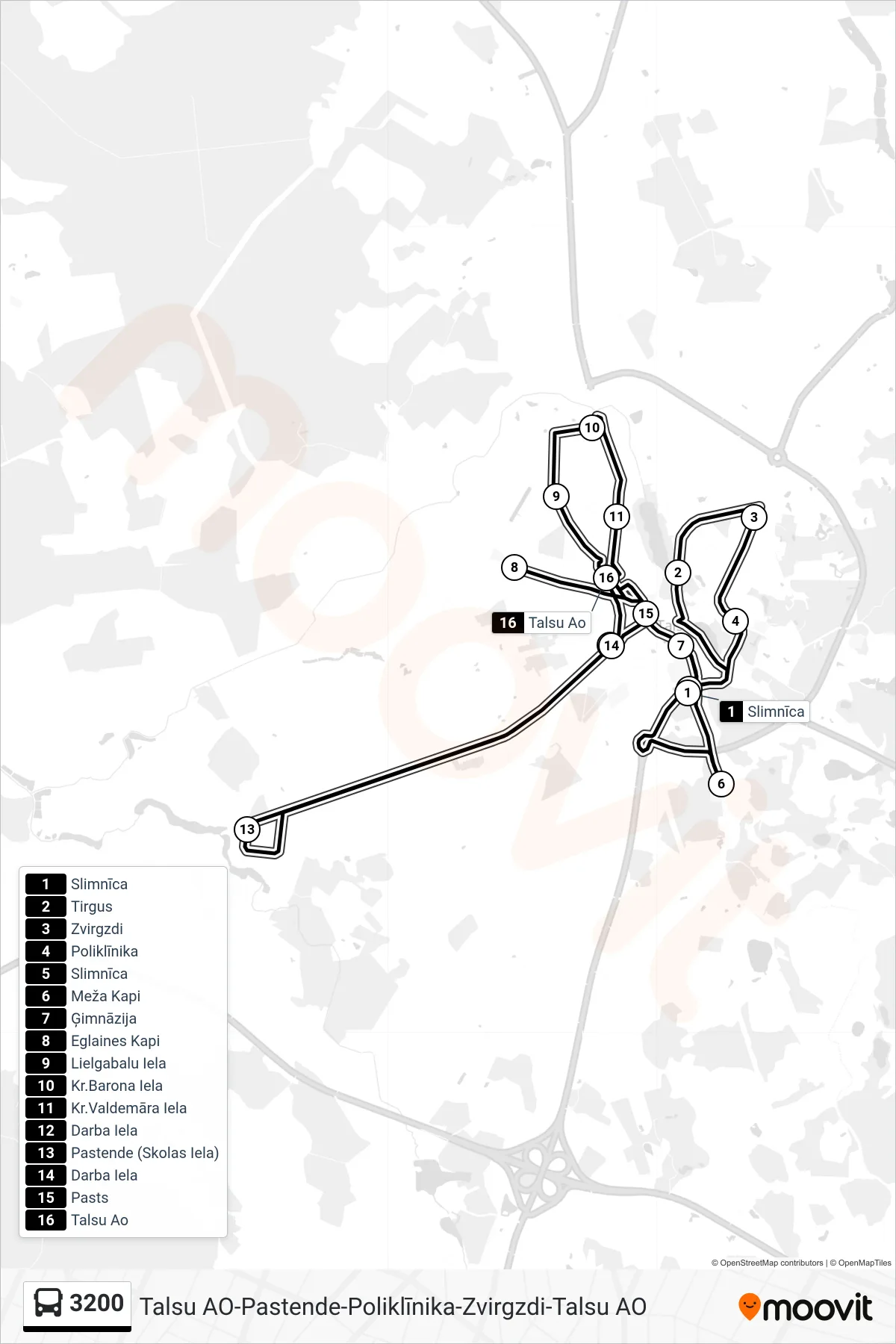 3200 bus Line (Talsu Ao) route and stops on a map
