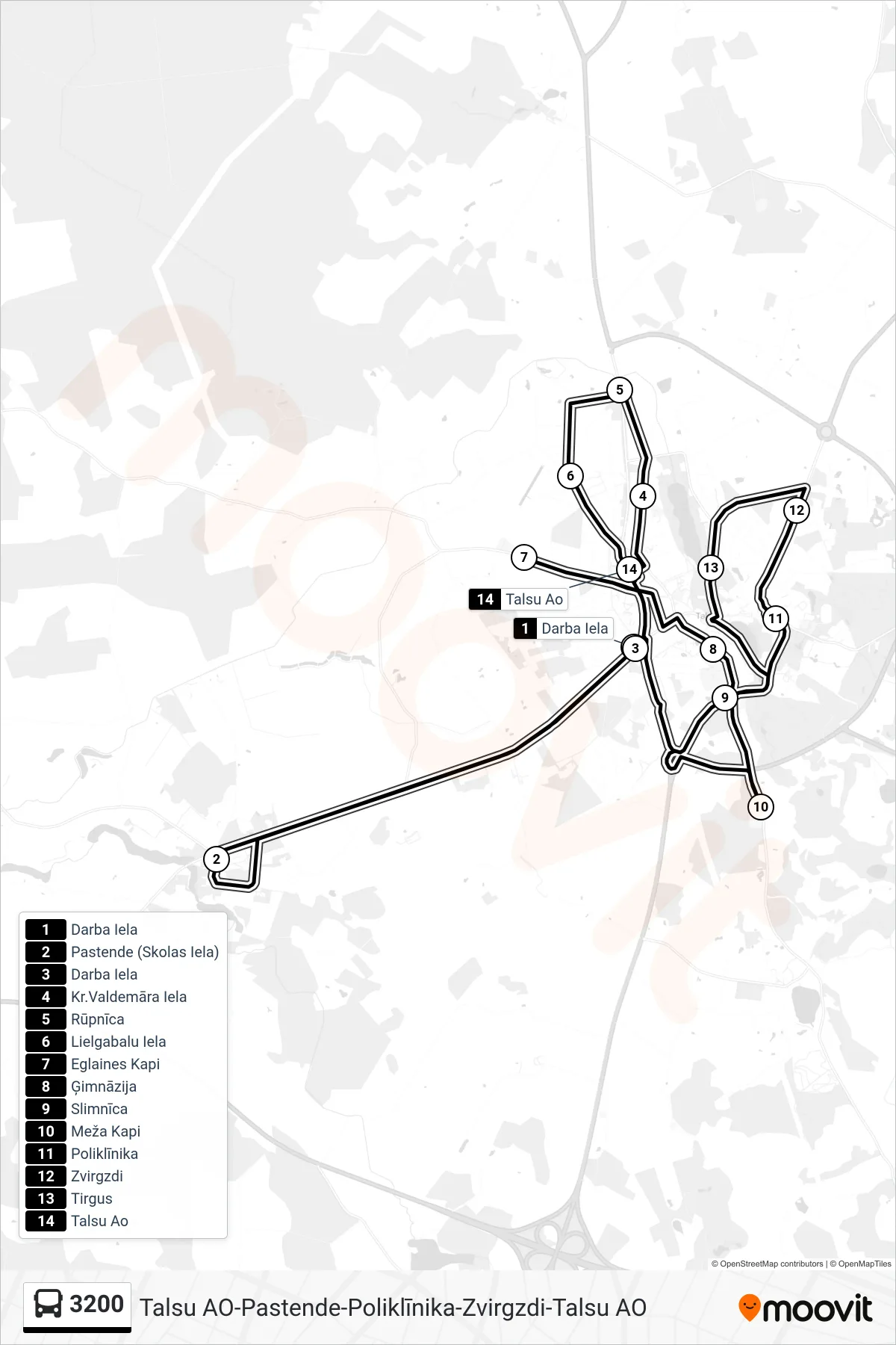3200 bus Line (Talsu Ao) route and stops on a map