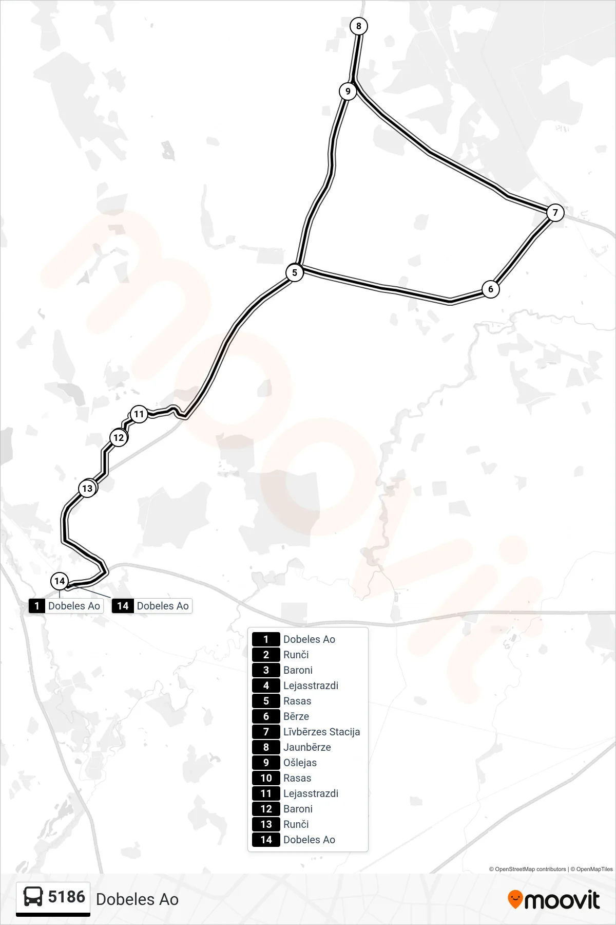 5186 bus Line (Dobeles Ao) route and stops on a map