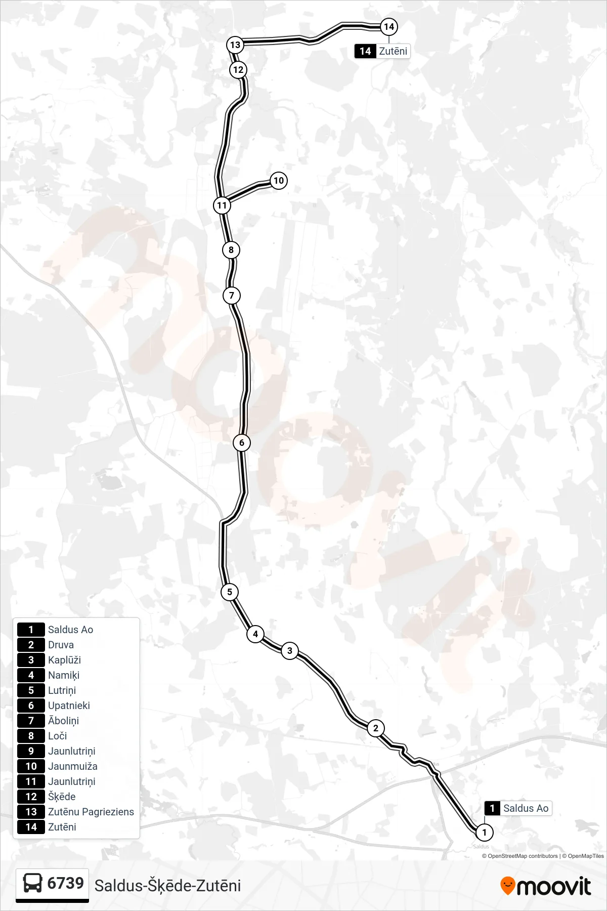 6739 bus Line (Zutēni) route and stops on a map