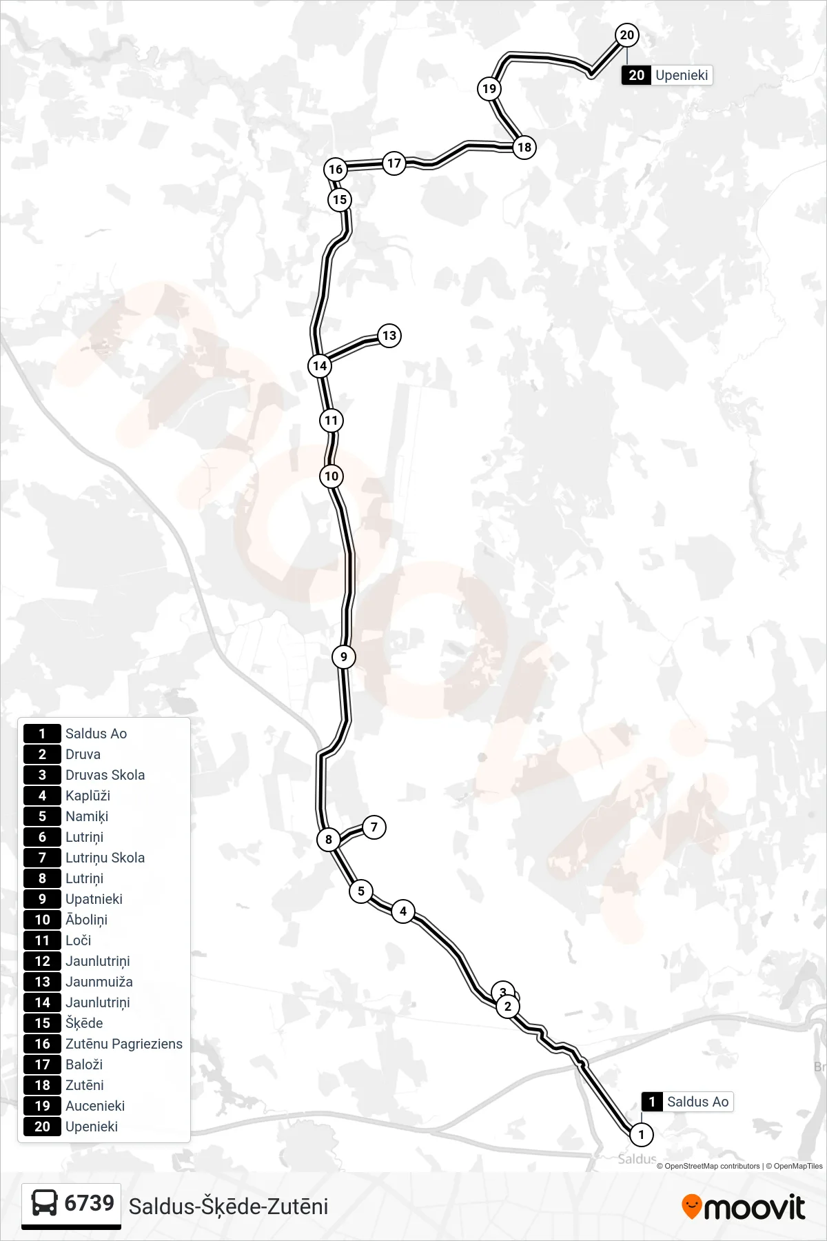6739 bus Line (Upenieki) route and stops on a map
