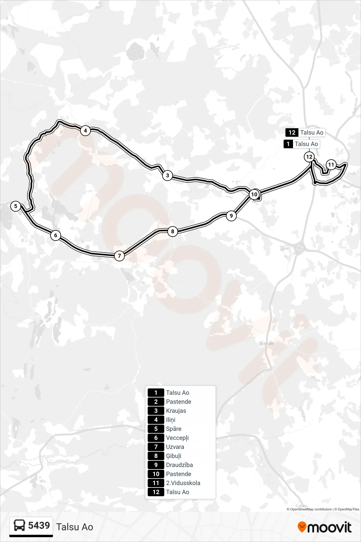 5439 bus Line (Talsu Ao) route and stops on a map