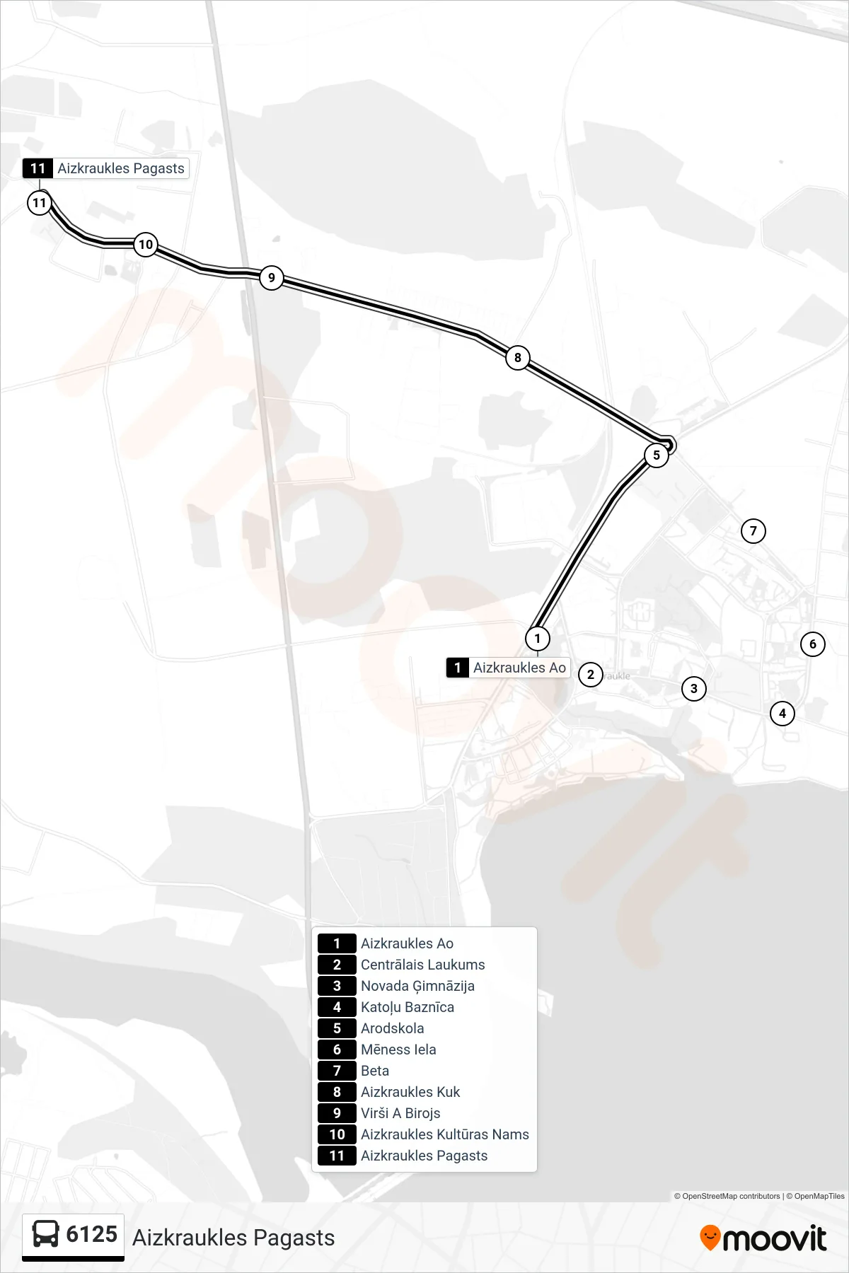 6125 bus Line (Aizkraukles Pagasts) route and stops on a map