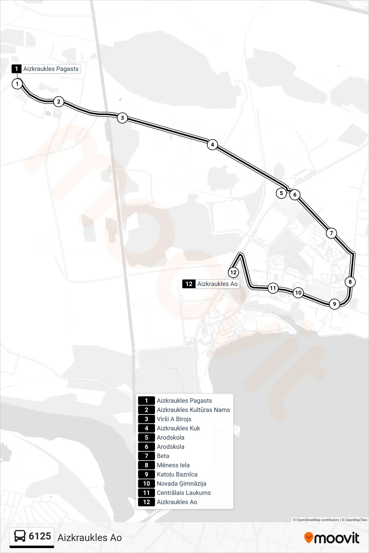 6125 bus Line (Aizkraukles Ao) route and stops on a map