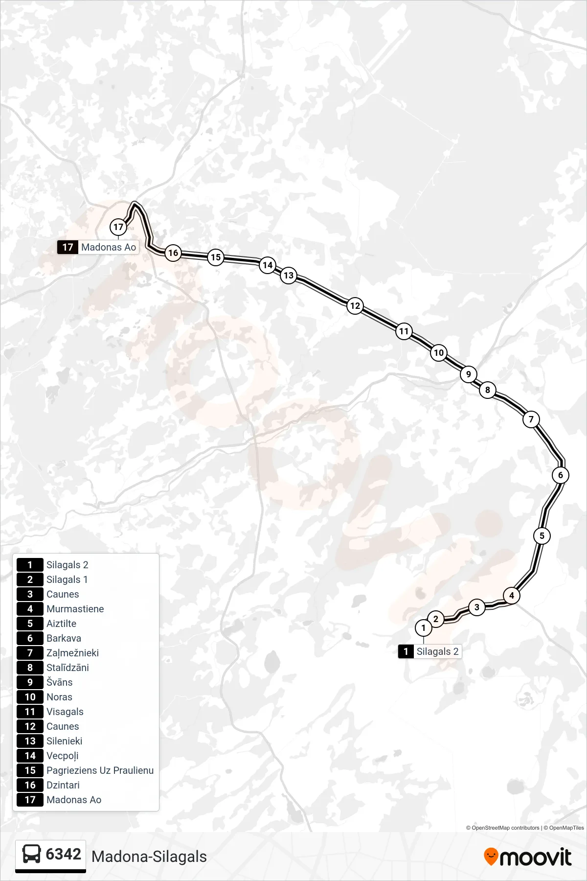 6342 bus Line (Madonas Ao) route and stops on a map