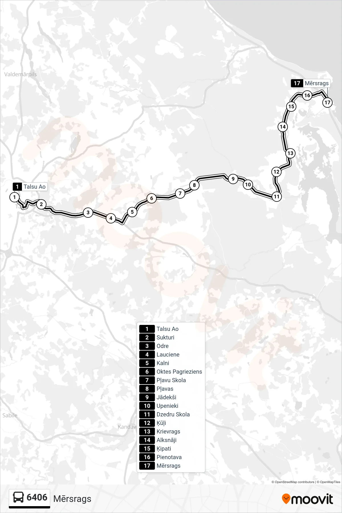 6406 bus Line (Mērsrags) route and stops on a map