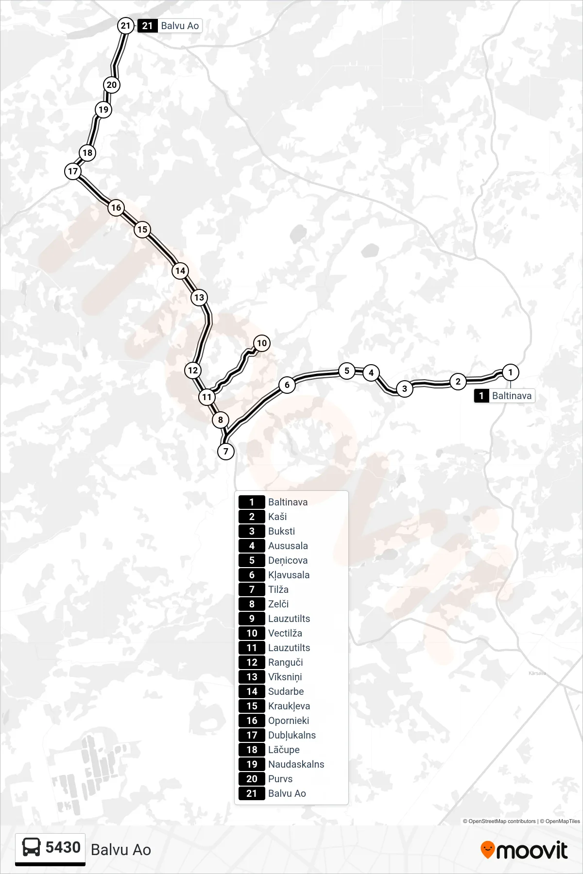 5430 bus Line (Balvu Ao) route and stops on a map