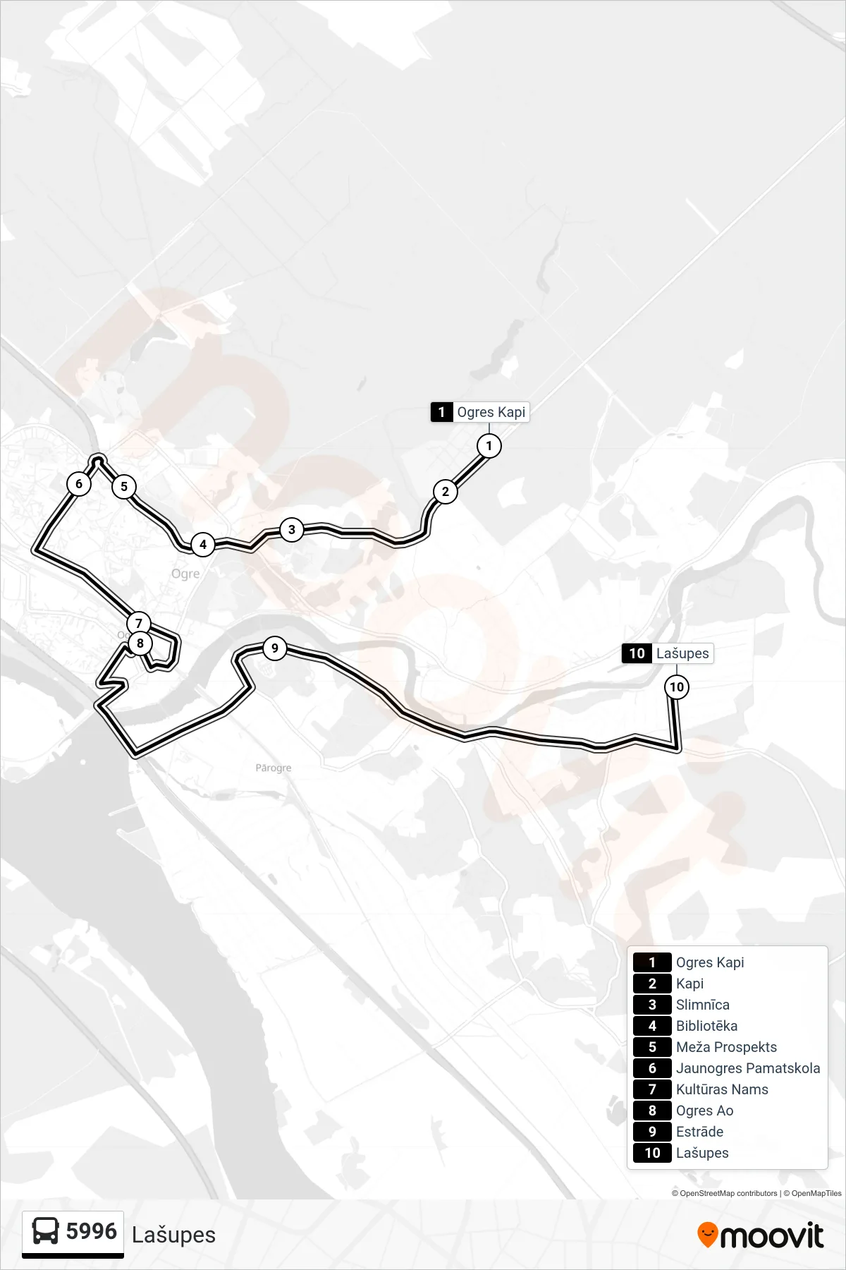5996 bus Line (Lašupes) route and stops on a map