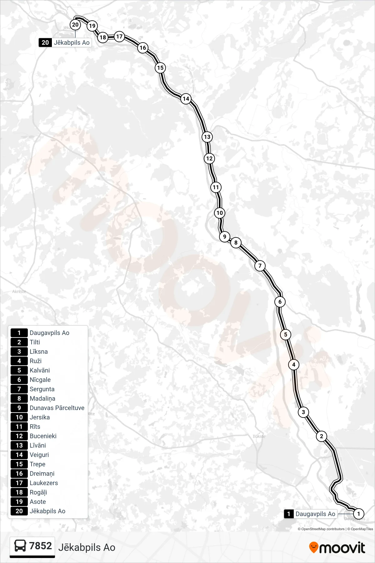 7852 bus Line (Jēkabpils Ao) route and stops on a map