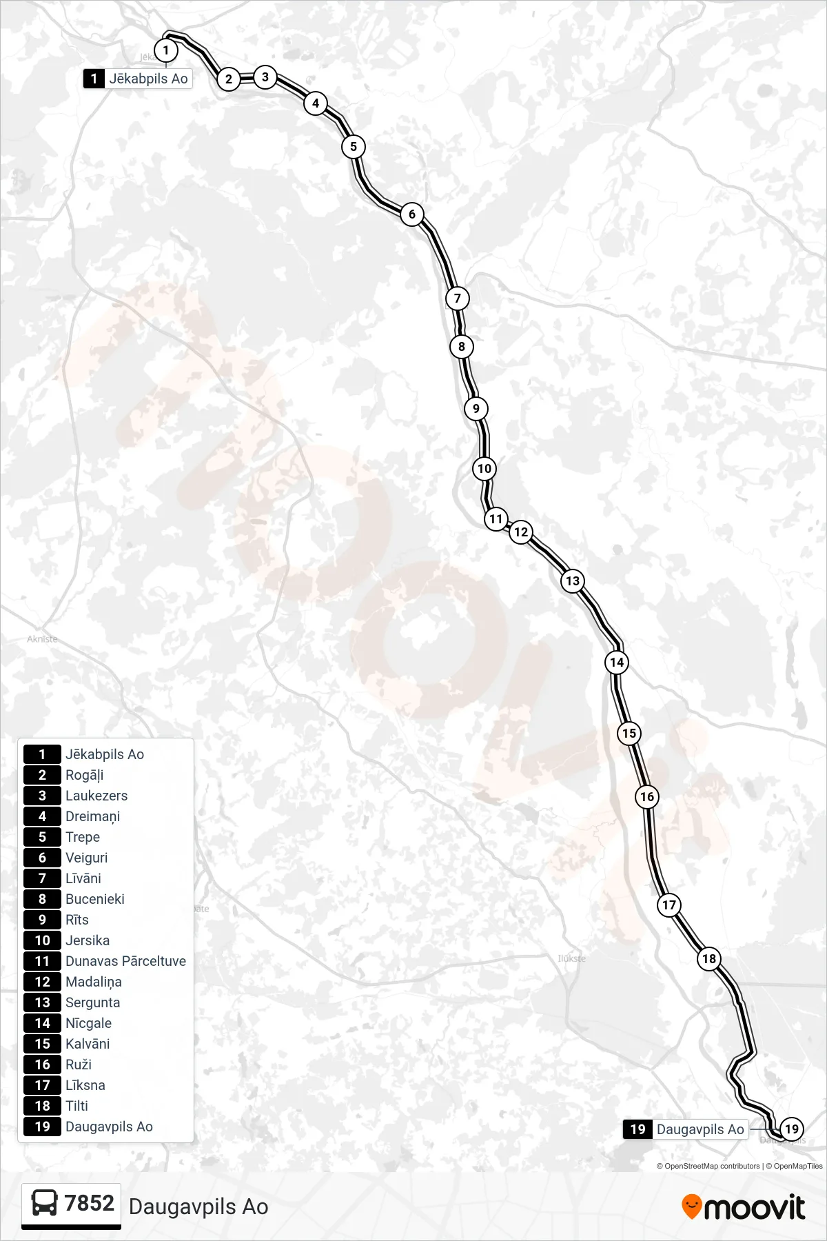 7852 bus Line (Daugavpils Ao) route and stops on a map