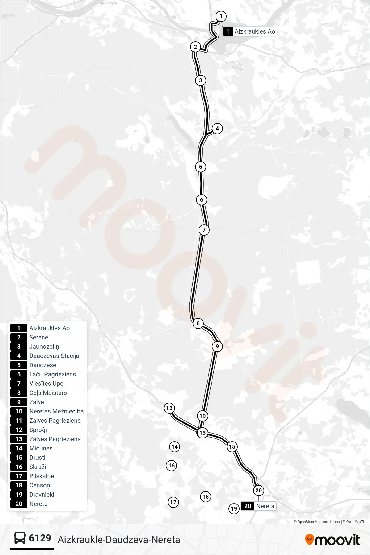6129 bus Line (Nereta) route and stops on a map