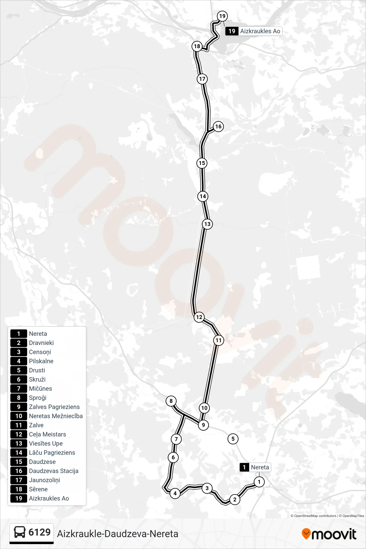 6129 bus Line (Aizkraukles Ao) route and stops on a map