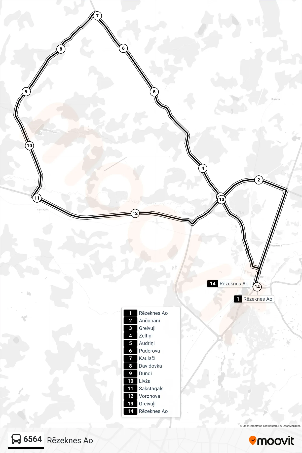 6564 bus Line (Rēzeknes Ao) route and stops on a map