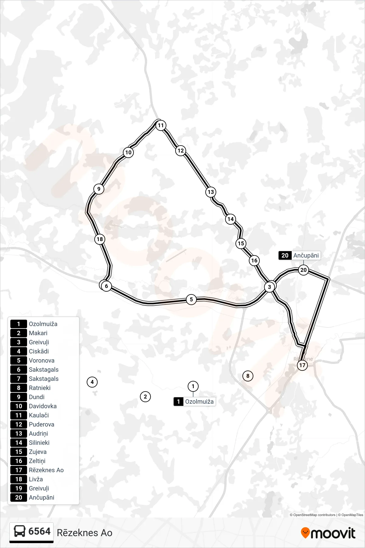 6564 bus Line (Rēzeknes Ao) route and stops on a map