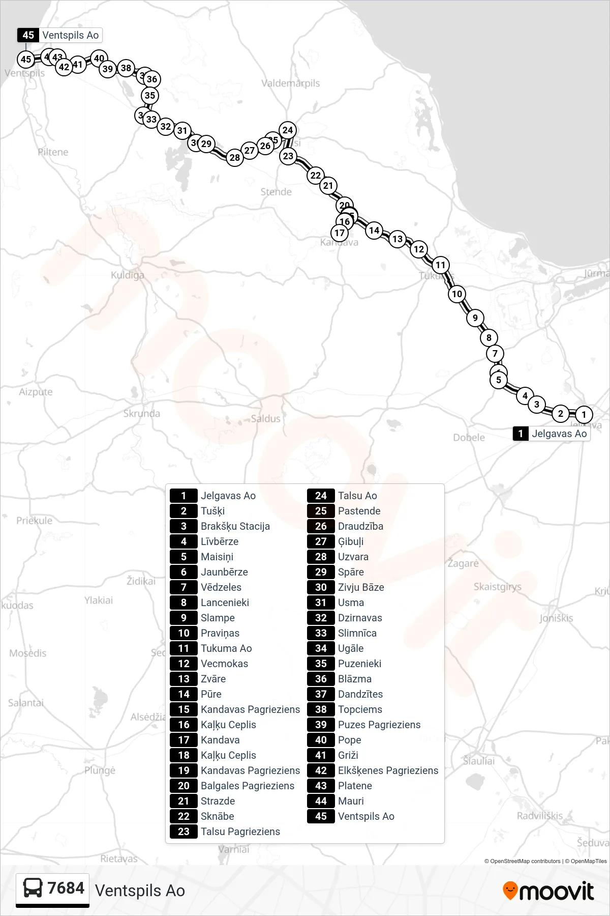 7684 bus Line (Ventspils Ao) route and stops on a map