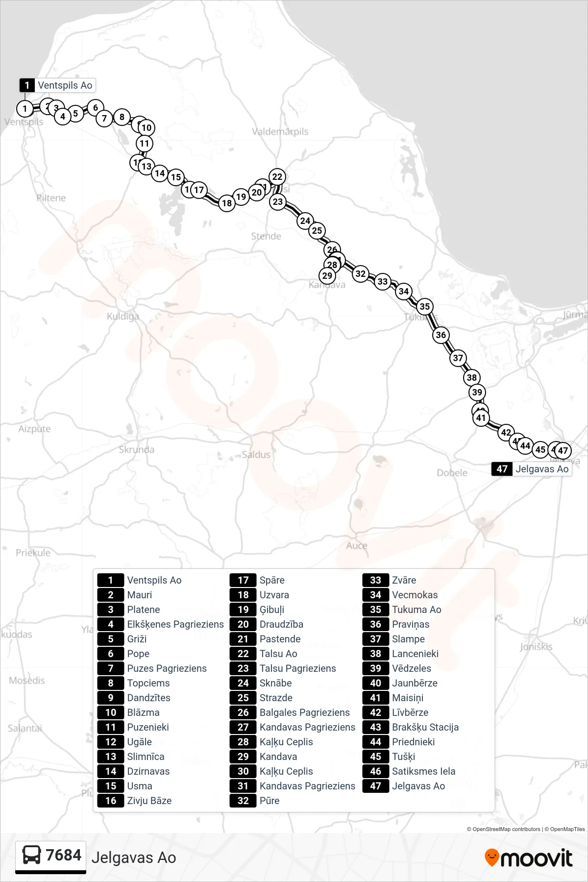 7684 bus Line (Jelgavas Ao) route and stops on a map
