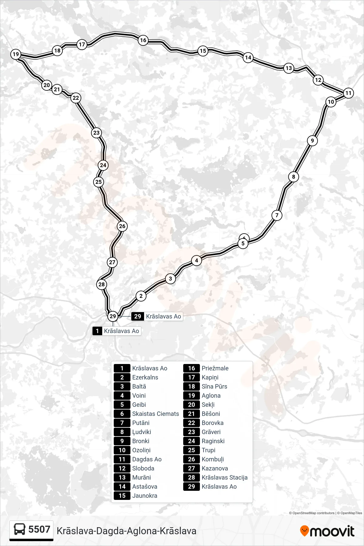5507 bus Line (Krāslavas Ao) route and stops on a map