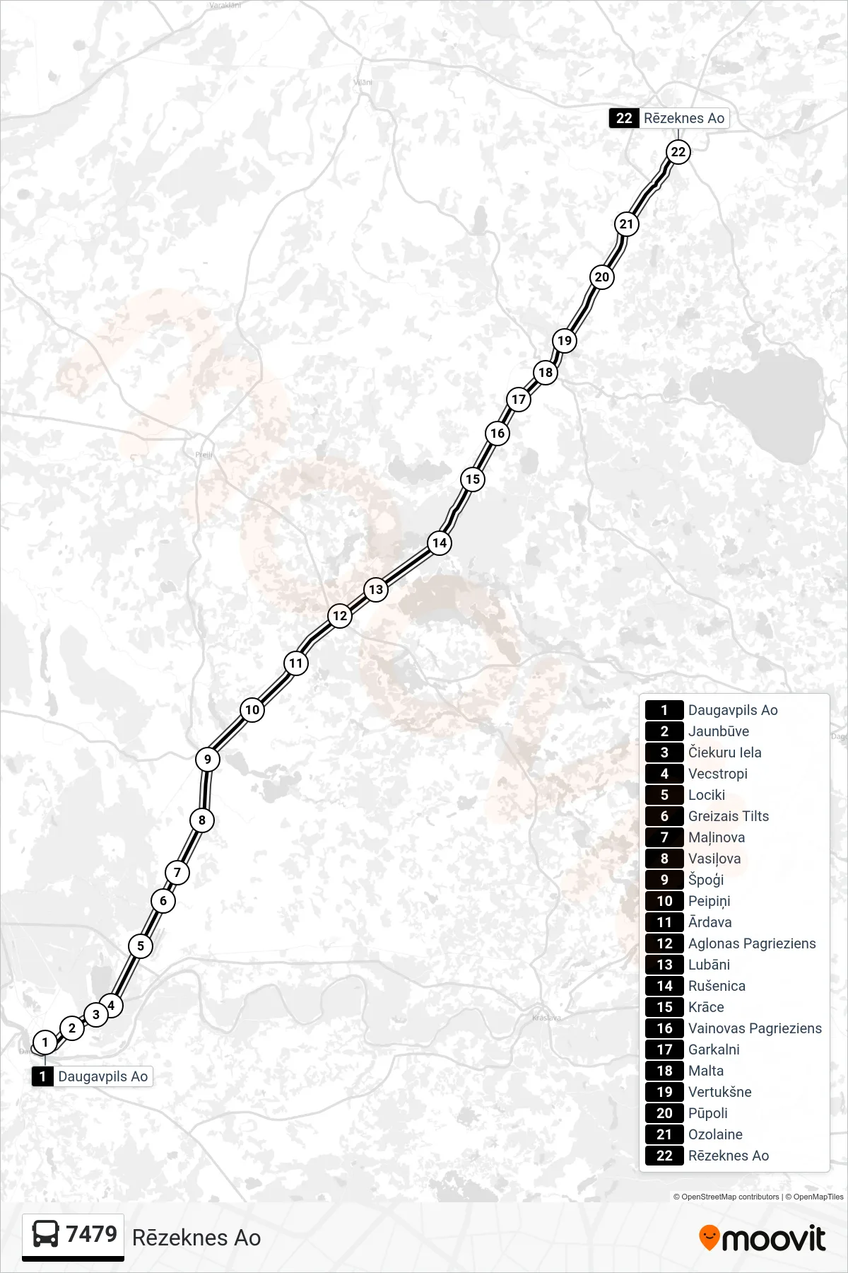 7479 bus Line (Rēzeknes Ao) route and stops on a map
